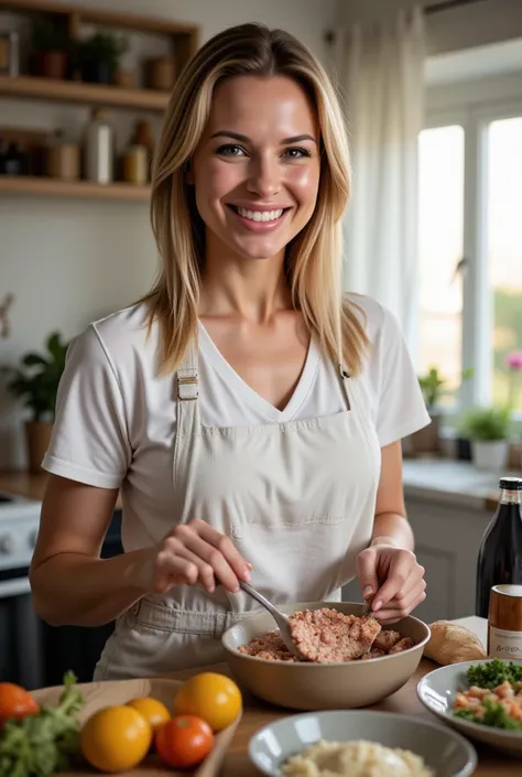 cute wife, 30 years old, cooking dinner in kitchen, smirking into camera, dslr, ultra hd, high quality photography