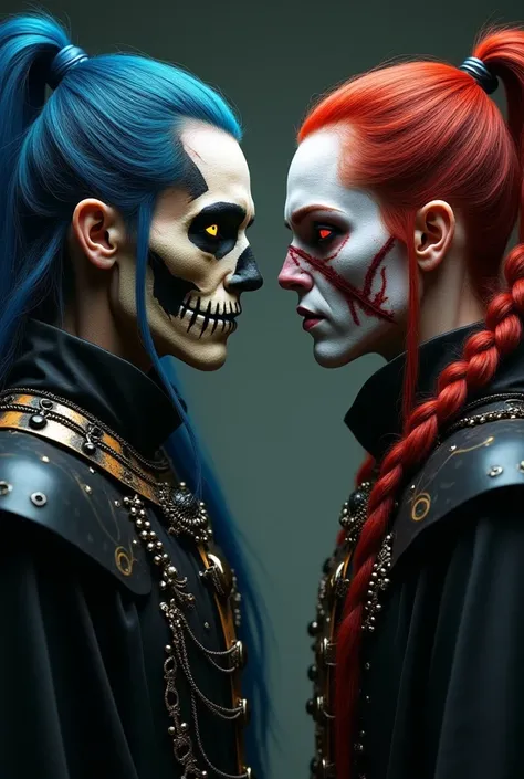 A man with his face painted like a skull, bright yellow eyes, long blue hair, slender body, a garment with a black robe, metal ...