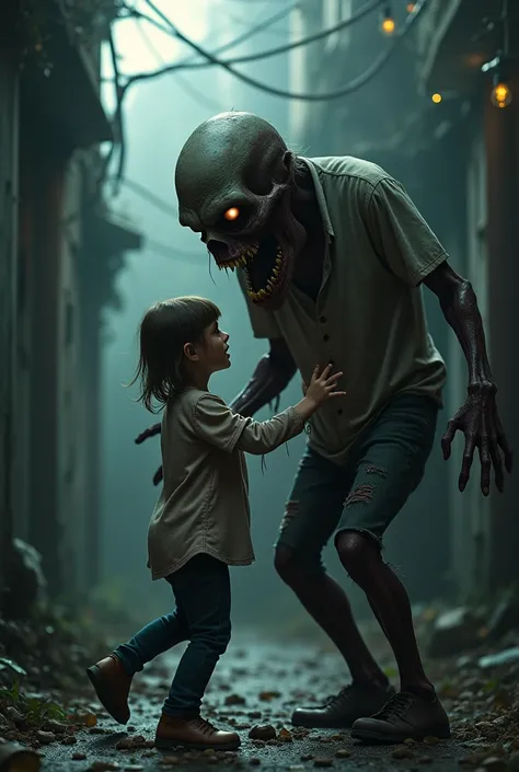 Ek zombie choti bachi ko khane jarha hen or os ka ami rassyo Se Banda Howa hen