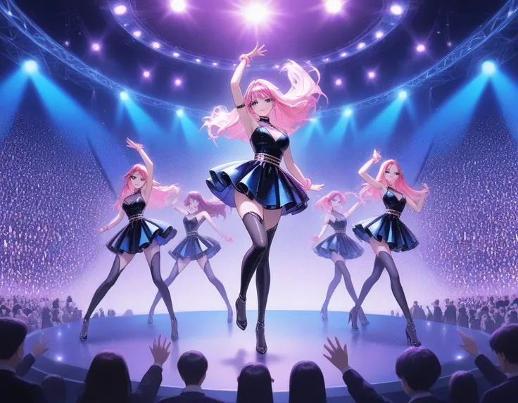 vibrant K-pop girl band group of 5 performing on an explosive , dazzling stage , illuminated by radiant lights and dynamic effec...