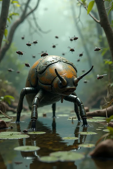 Make me an image of a fish with the body of a beetle in the middle of a swamp surrounded by flies