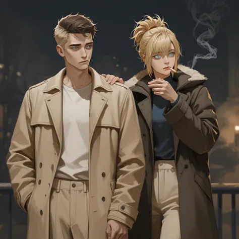 Make a male baby, blonde, short hair up to the back of the neck American style shaved on the sides, blue-eyed hair, Wearing a ...