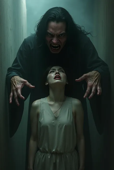 A person frozen in fear, looking at a Japanese woman with her mouth cut up to her cheek, her hands reaching out, dark and myster...