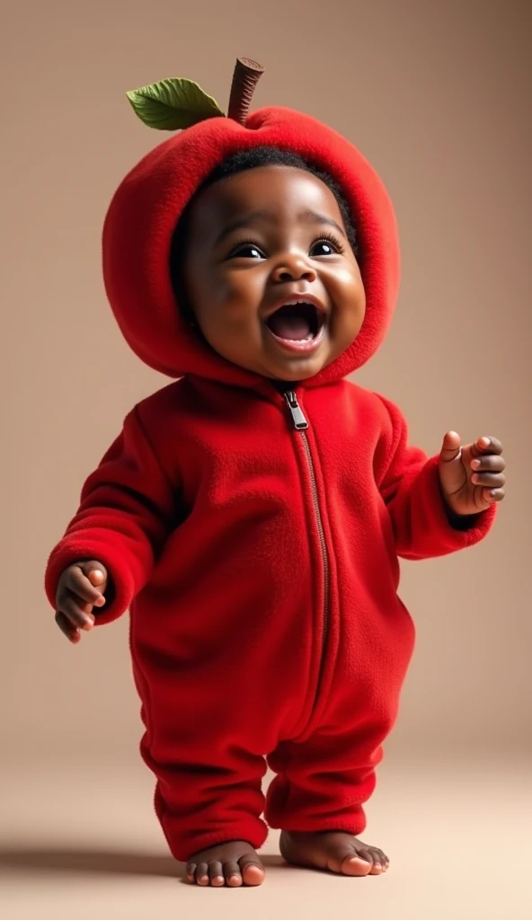 "An adorable black baby standing, wearing a hyperrealistic costume of a vibrant red apple. The costume is padded, rounded , wit...