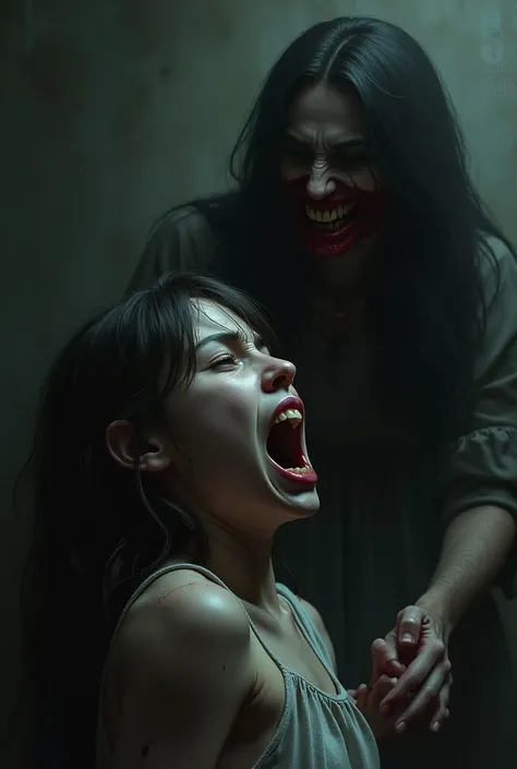 (Make an image of the protagonist with an expression of horror, while the mother watches him with his mouth stained with blood.)