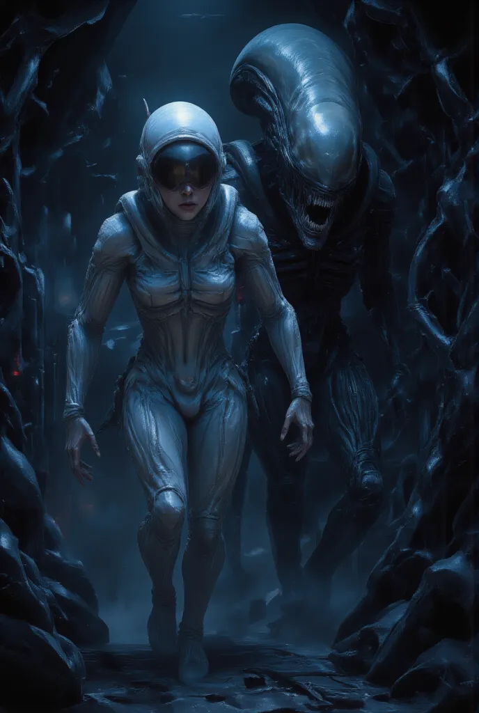 a woman in a white spacesuit walks down a narrow corridor of a spaceship, in a dark environment, behind her appears a xenomorphi...