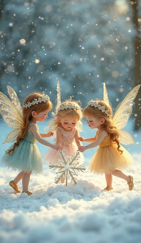 "Illustrate a whimsical scene with three tiny fairies, each adorned with crowns of sparkling snowflakes or shimmering diamonds o...