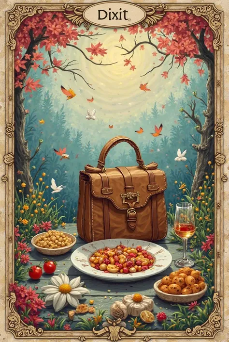 A ramdom image in which a bag appears, Something Beautiful,and a meal.A card style of the game Dixit,that measures 6x9.01 with s...