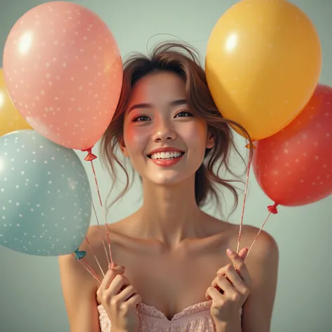 Beautiful holding three balloons in her hand looking forward
