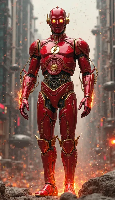 C-3P0 and the flash from DC merge and combine with red colour suit realistic images