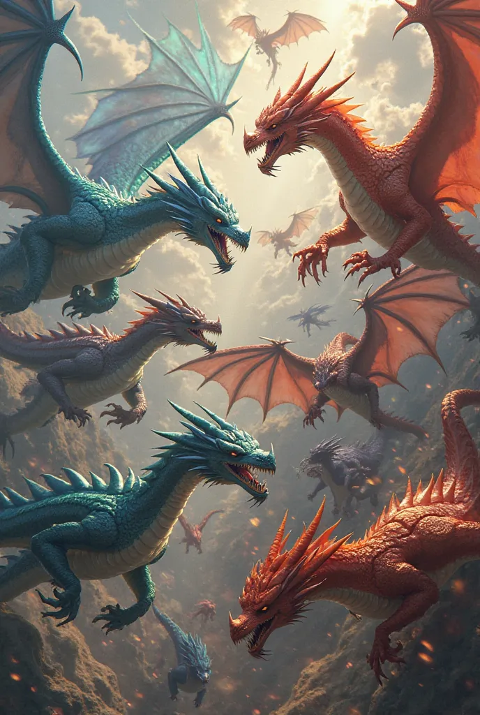 50 Multicolored Dragons Flying and Screaming at Each Other