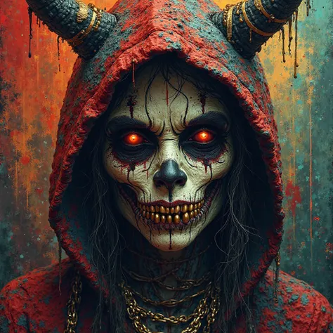 Monster with glowing black eyes full face mysterious angry, facial tattoos and gold grill
Vibrant colors and unique color contra...