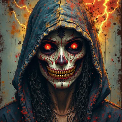 Monster with glowing black eyes full face mysterious angry, facial tattoos and gold grill
Vibrant colors and unique color contra...
