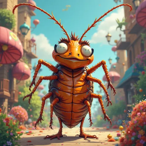 Create a man wearing a cockroach costume in a cartoon