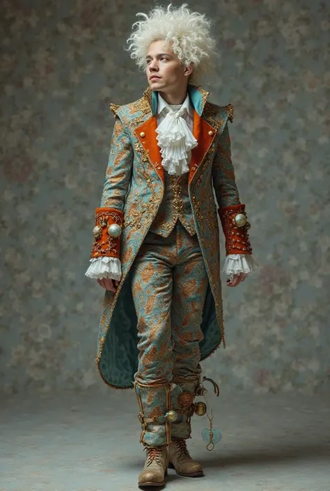 A captivating and realistic full-body portrait of a men performer dressed, he has a beautiful baroque suit with cuffs and flower...