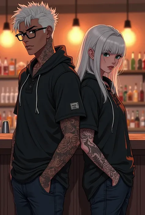 Realistic anime style of two adult black people,Tattooed twin brothers, man and woman, tattoos, Adults, hands in pockets, Standi...