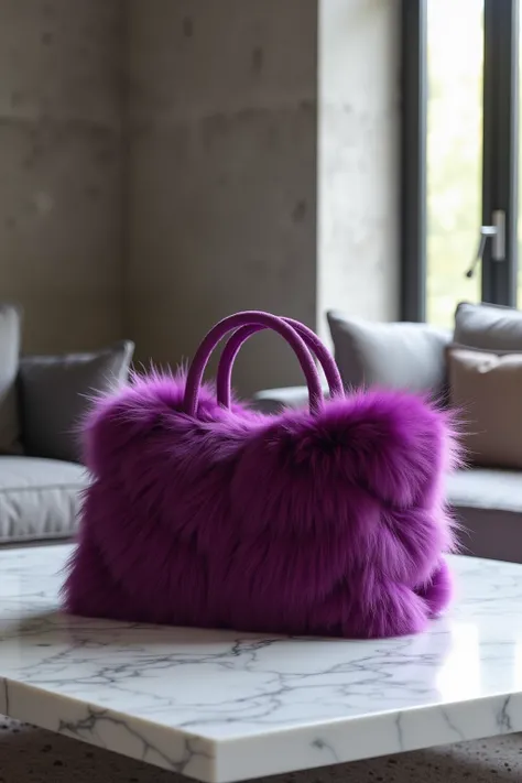 Create a futuristic large faux fur handbag, in bright shocking burgundy purple, situated in a minimalistic axel verrvoordt inter...