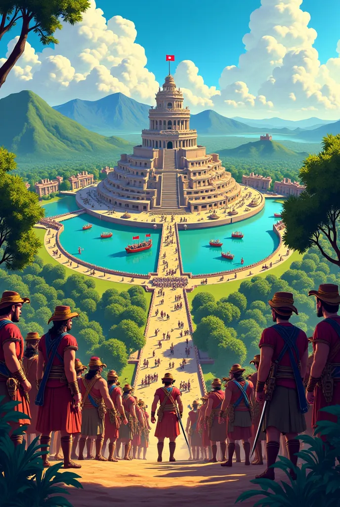 cartoon of at least 10 scenes involving the Fall of Tenochtitlán, from the arrival of Cortés to the original peoples, to the con...