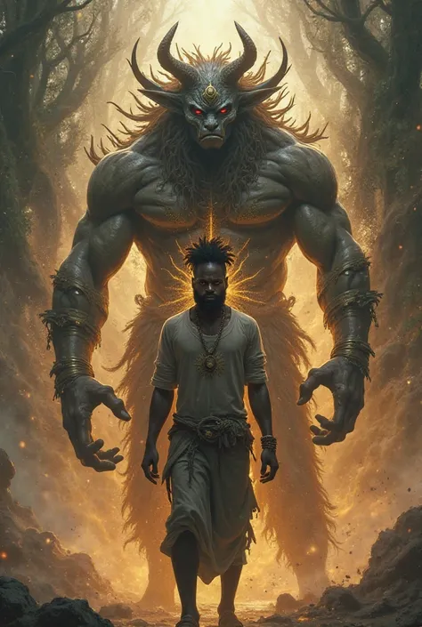 I would like to create an image of a man being defended by his Exu