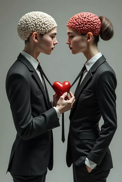 The brain and the heart are facing each other, and while they are wearing a formal black dress, the brain is making a heart tie,...