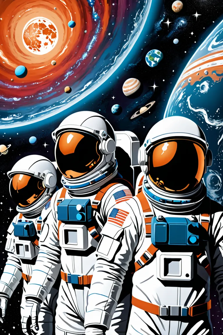 A highly detailed space scene from a highly detailed space scene from a of astronauts. a father, an astronaut mother and son are...