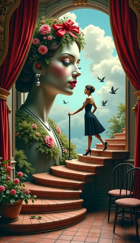 surrealism artwork, A woman in dress walking upstairs in the floating Victorian staircase with flower, a victorian theatre stage...