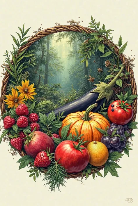 in letters in Spanish Create a ROUND logo with detailed margin and inside it are some fruits, Like apple, raspberry,  strawberry...