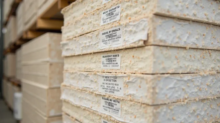 A close-up of high-quality drywall, insulation, and acoustic panels stacked neatly in the warehouse of Westmont Interior Supply ...