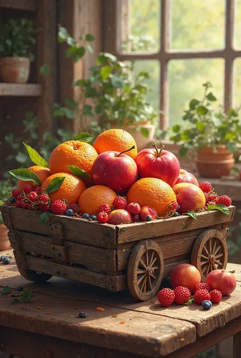 There are fruit in a cart and they are present on the basket table