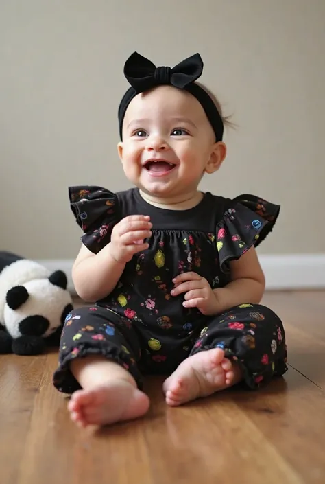 A baby (
"A cute baby sitting on a wooden floor, smiling happily. The baby is wearing a stylish black outfit with colorful abstr...