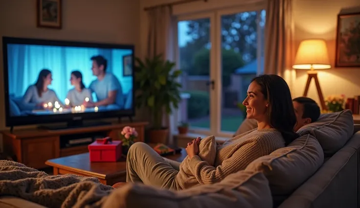 "Warm American scene,Night living room ,Mom and snuggle up on a spacious fabric sofa,Watch the TV intently。Side shot,The 100-in...