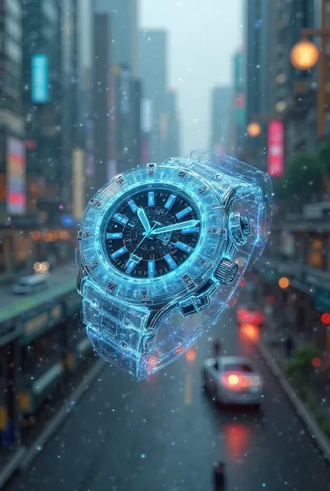 6. **Future (2040 CE):**
- A holographic watch floating in the air, powered by AI, with a fully automated city in the backg...