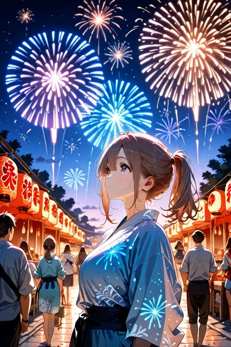 ponytail girl, attractive, lookup, firework, festival