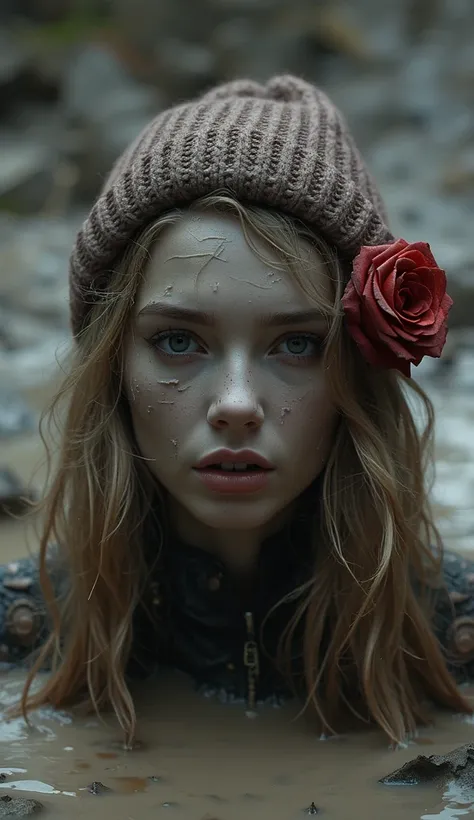 The extremely detailed head of a pale woman in a mud pit in a washed dark lightweight jacket,victim , cloudy slurry, fashion...