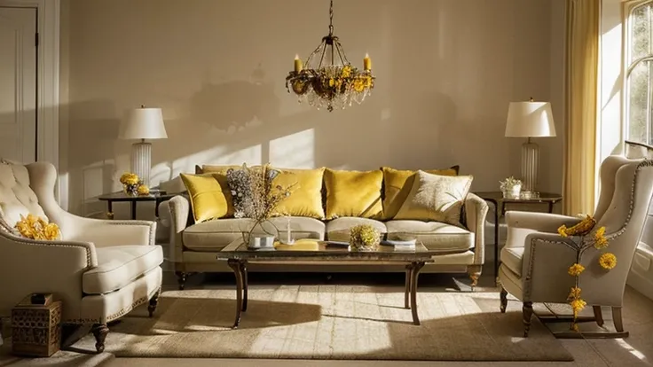 Stylish interior of living room at fancy home with design sofa, yellow side table, dried flowers, pillow, carpet decor and perso...