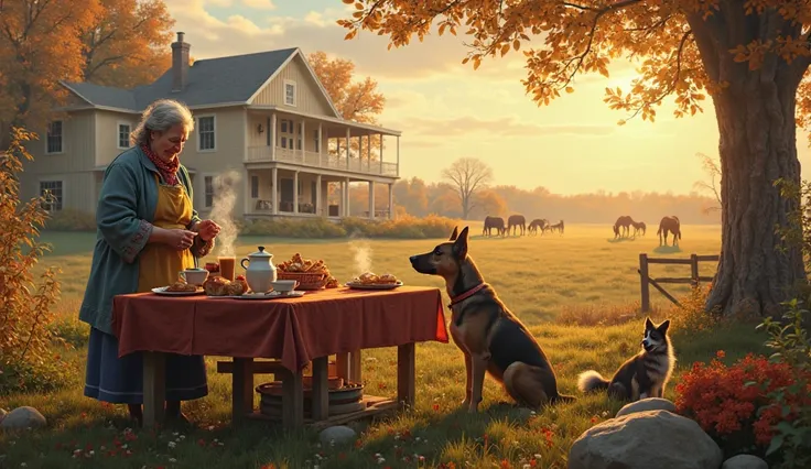At the farm at dawn grandma setting up the breakfast table for her ren on a sunny day with her faithful friend dogs and horses i...