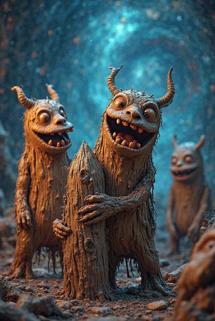 Woody monsters smile spookily in galaxi and ya holding very big wood