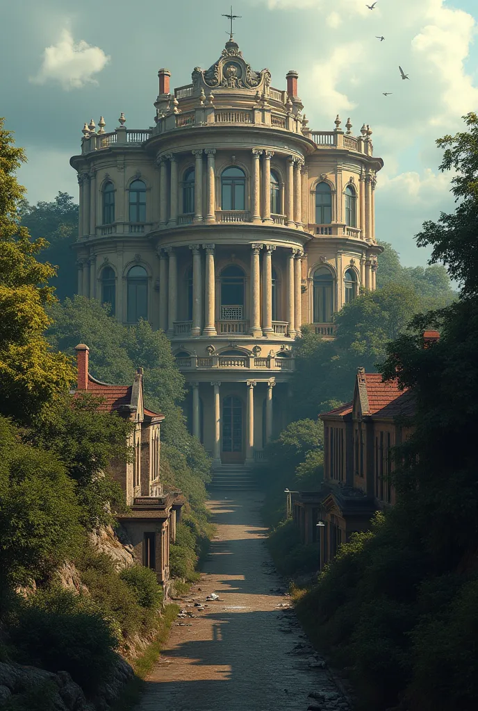 A lavish mansion on one side (representing the wealthy elite) and a slum with poor workers on the other (representing the workin...