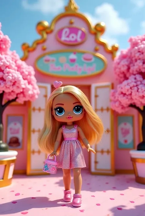 A glamorous LOL OMG doll steps out of the stylish pastry shop, holding a small bag with her sweet purchases. Her outfit sparkles...