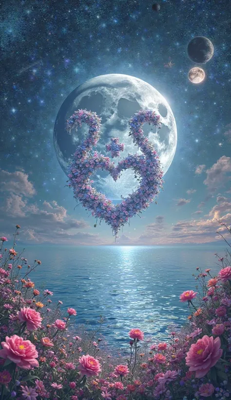 A photo of the name S +S, which has the moon, the ocean, the sky, all the planets, heart and the name Santosh written on it, a p...