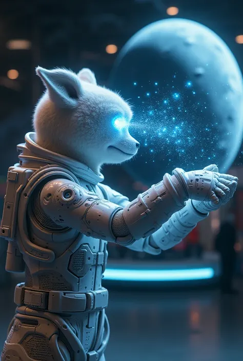Holographic doge AI receiving payment through eye lenses, in highly advanced space suit, standing close to a highly advanced sta...
