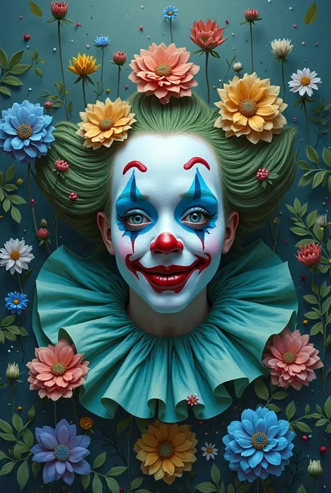 Paint clown with flowers blue green colors