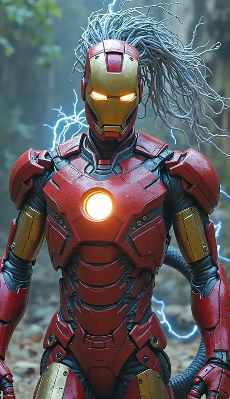 A fusion of a human-animal hybrid of Iron Man and an electric eel. iron man firing his unibeam from chest, arm whip with tail of...