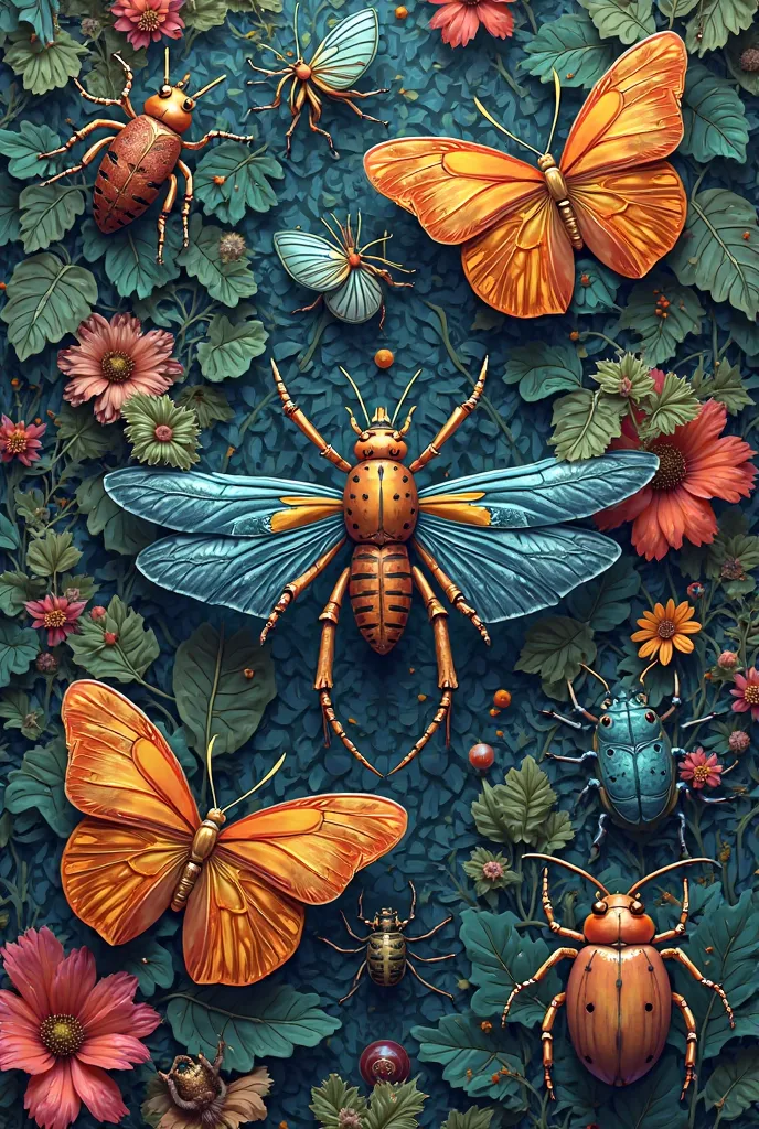 Ornamental patterns with depth of different types of bugs