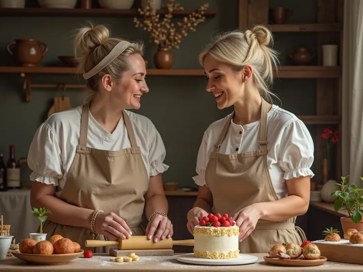 create two women who chat nicely, one works with a rolling pin and makes dumplings, the second puts strawberries on the cake, bo...