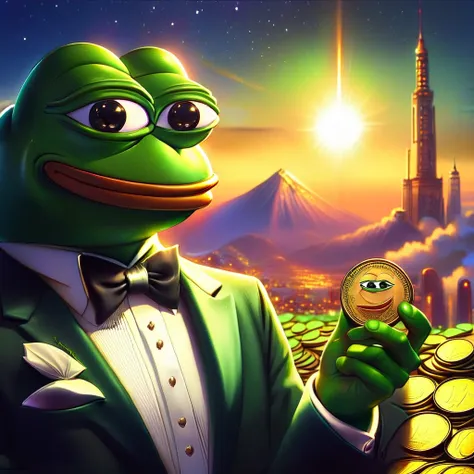 Pepe the Frog in tuxedo holding a green shiny coin with PEPECOIN inscribed on it,HFS Pepe, fid m part, komiksy style, pepay midr...