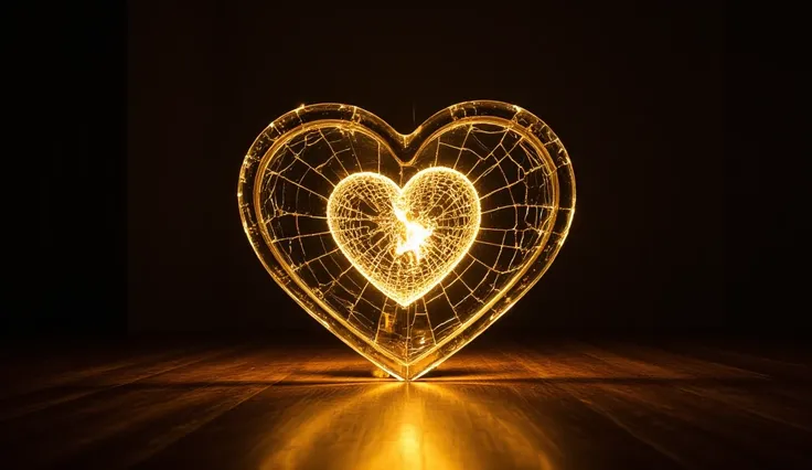 photography of a human heart made of cracked glass, illuminated from within by golden light in an empty room. Neutral climate (...