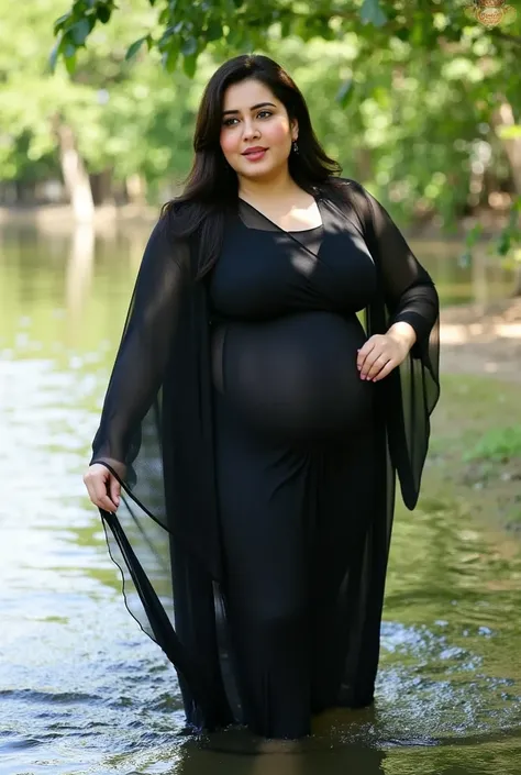 Beautiful Pakistani chubby plump voluptuous woman wearing wet black burka gown walking in river, High quality, highly detailed, ...
