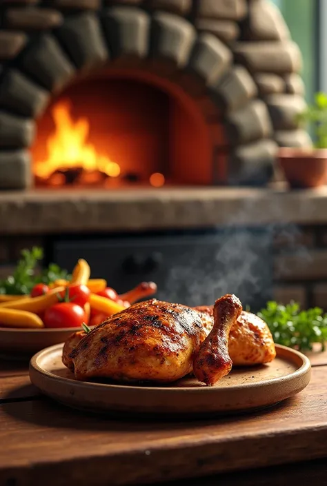 Grilled chicken on a table with a stone oven in the back
