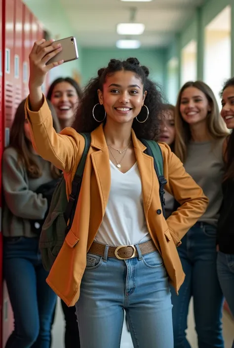 A stylish student in fashionable clothes, a confident smile and a group of surrounding friends. he is holding a cell phone, tak...